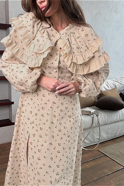 Puff Sleeve V Neck Ruffled Belted Split Elegant Floral Dress - Image 3