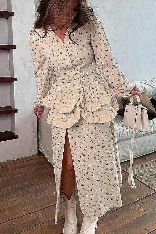 Puff Sleeve V Neck Ruffled Belted Split Elegant Floral Dress - Image 4