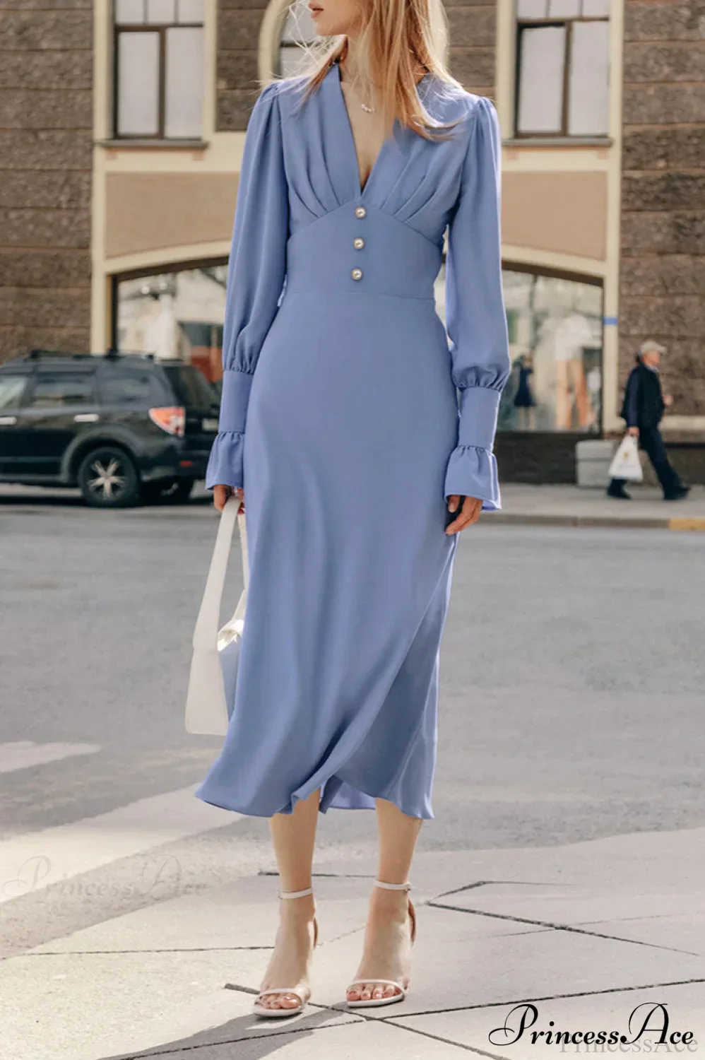 Puff Sleeve V Neck Vintage Slim Maxi Dress - Image 2