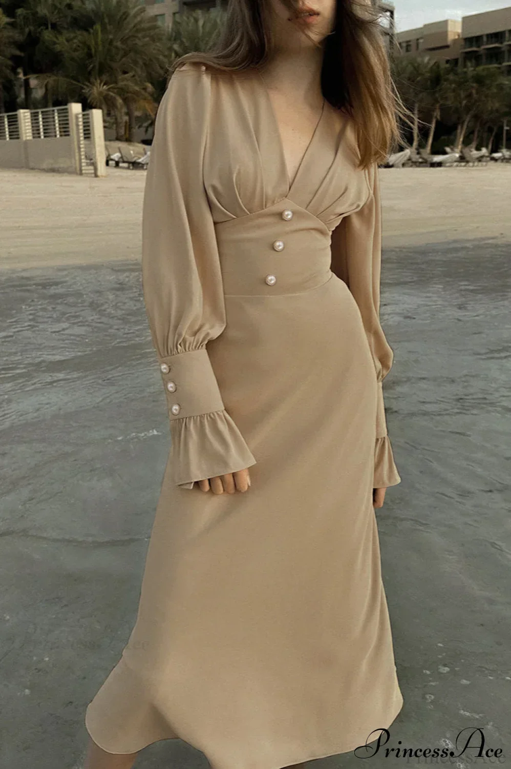 Puff Sleeve V Neck Vintage Slim Maxi Dress - Image 4