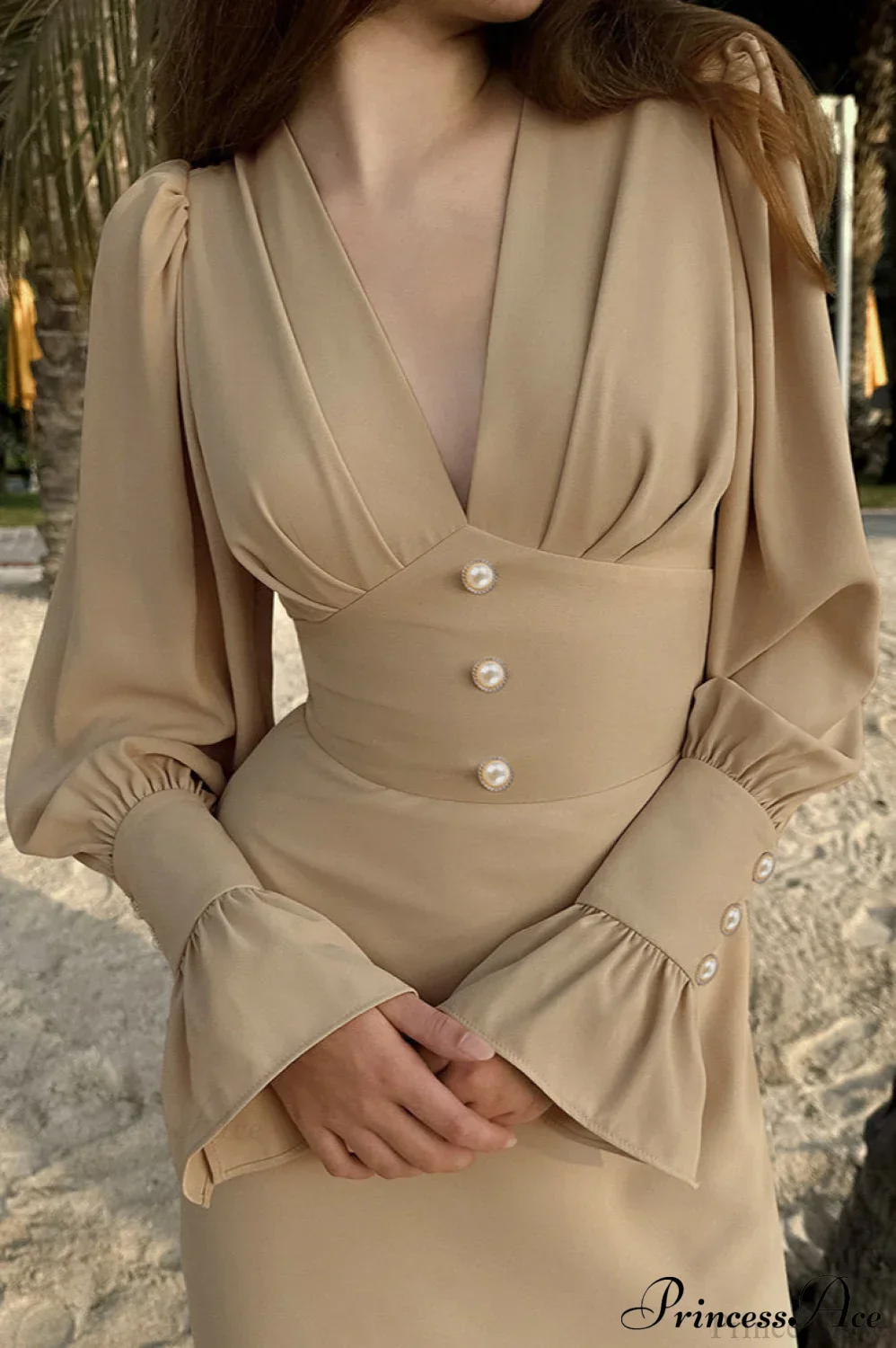 Puff Sleeve V Neck Vintage Slim Maxi Dress - Image 5