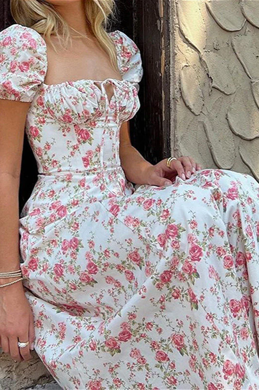Puff Sleeve Vintage Elegant Floral Dress - Image 2