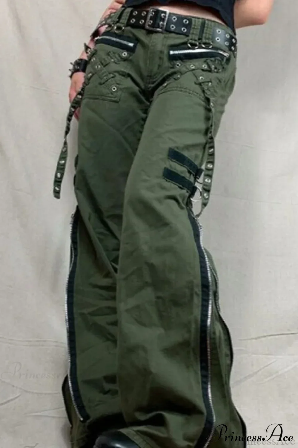 Punk Flared Low Waist Zipper Split Cargo Pants - Image 2