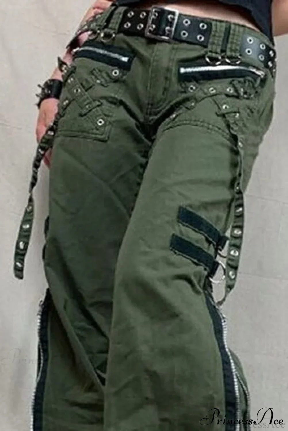 Punk Flared Low Waist Zipper Split Cargo Pants - Image 4