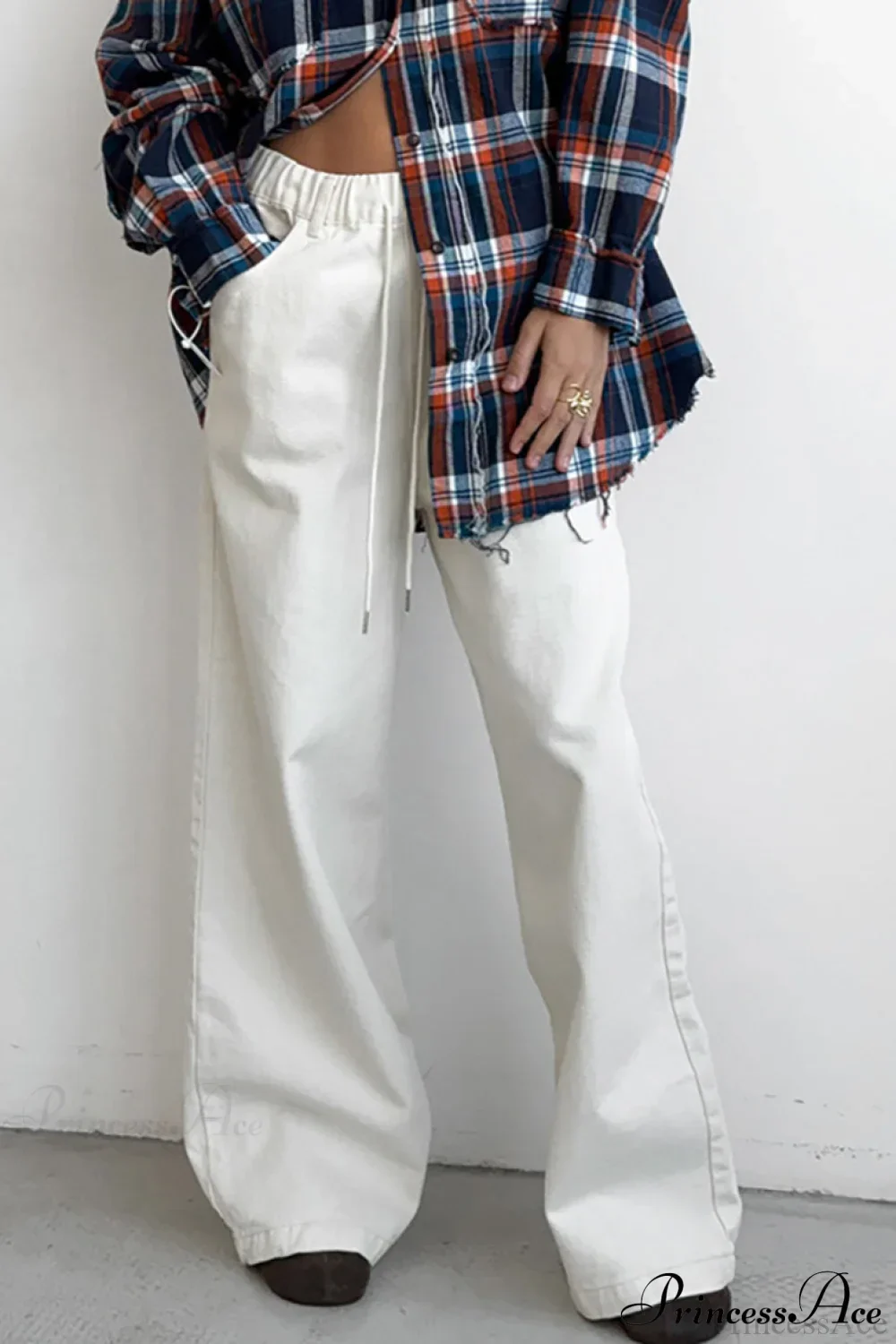 Pure Cotton White Drawstring Denim Pants - Image 2