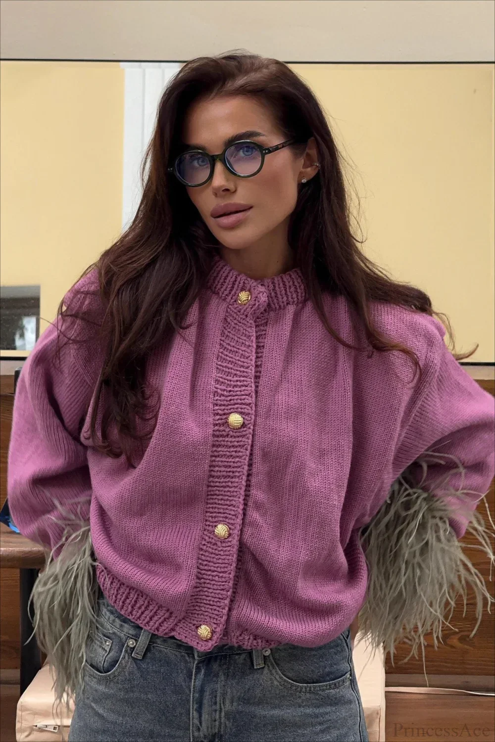 Purple Cropped Fuzzy Cuff Paneled Sweater