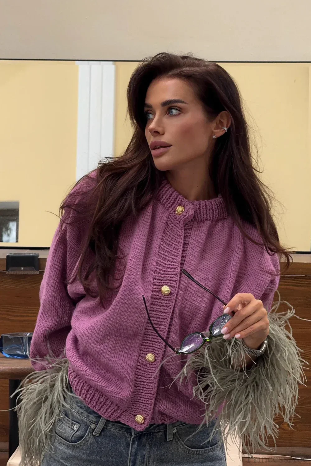 Purple Cropped Fuzzy Cuff Paneled Sweater - Image 2