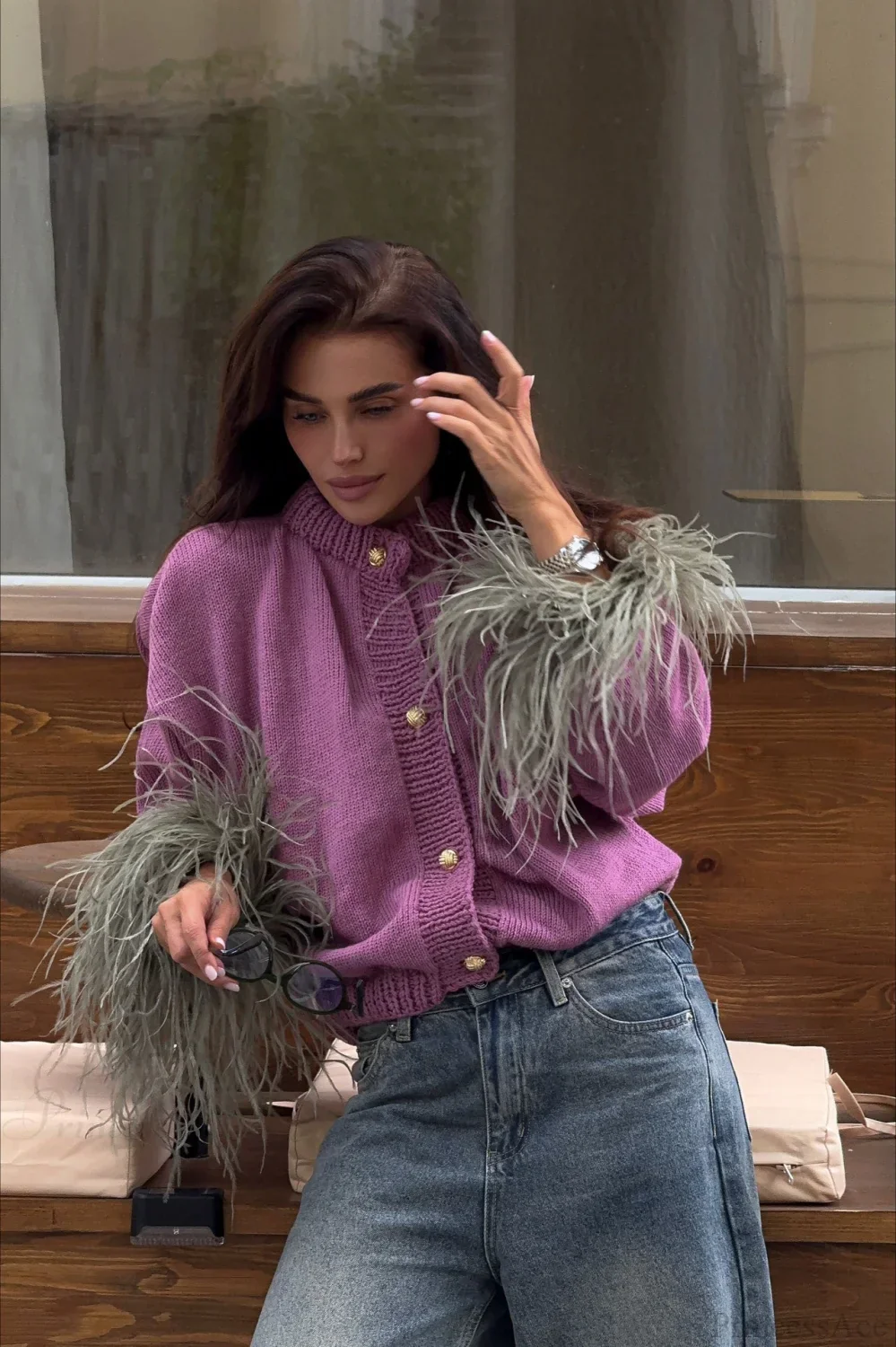 Purple Cropped Fuzzy Cuff Paneled Sweater - Image 3