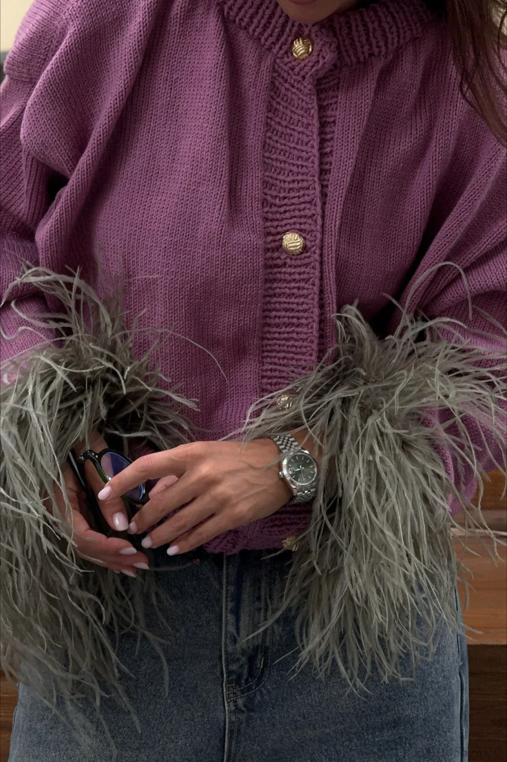 Purple Cropped Fuzzy Cuff Paneled Sweater - Image 4