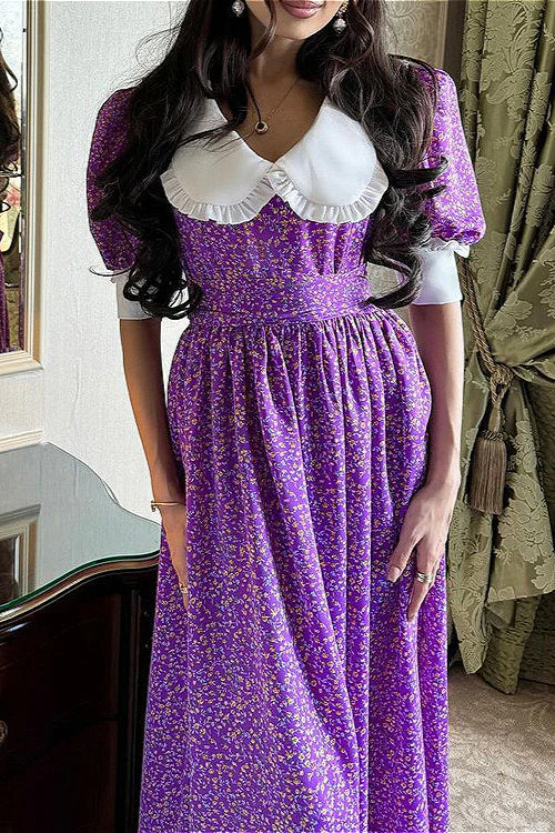 Purple Tie Waist Short Sleeve Babydoll Floral Dress - Image 2