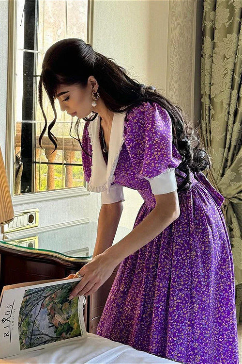 Purple Tie Waist Short Sleeve Babydoll Floral Dress - Image 4