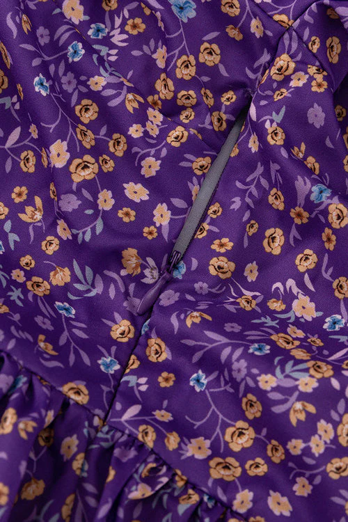 Purple Tie Waist Short Sleeve Babydoll Floral Dress - Image 5