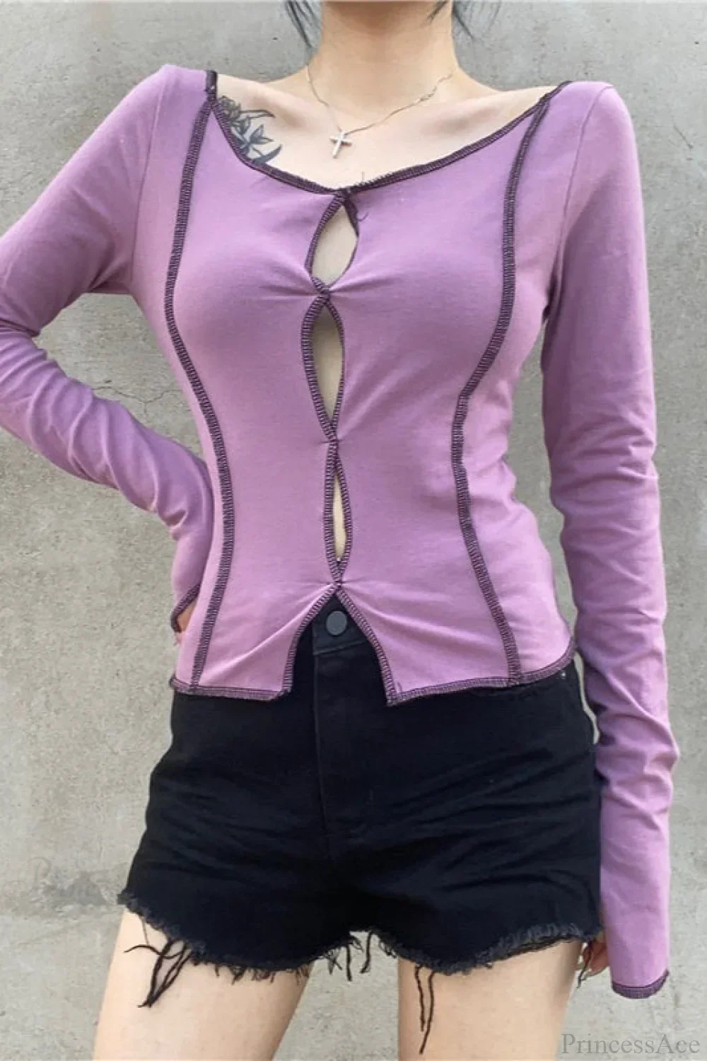 Purple Sexy Color Block Cutout Crew Neck Long Sleeve Tee - Image 3