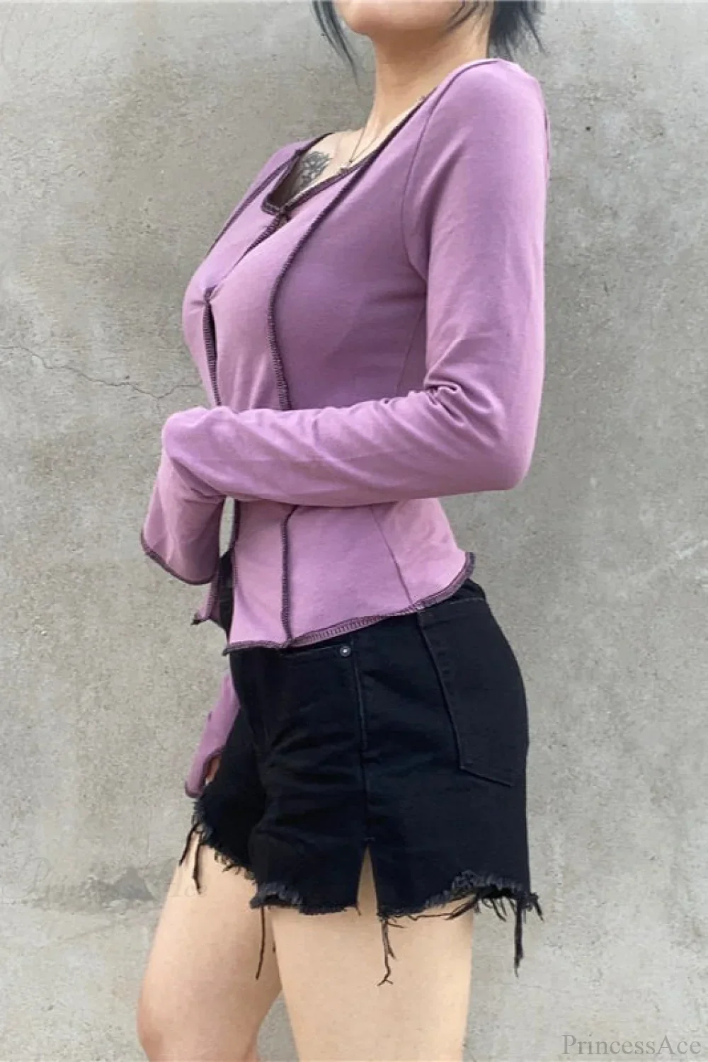 Purple Sexy Color Block Cutout Crew Neck Long Sleeve Tee - Image 4