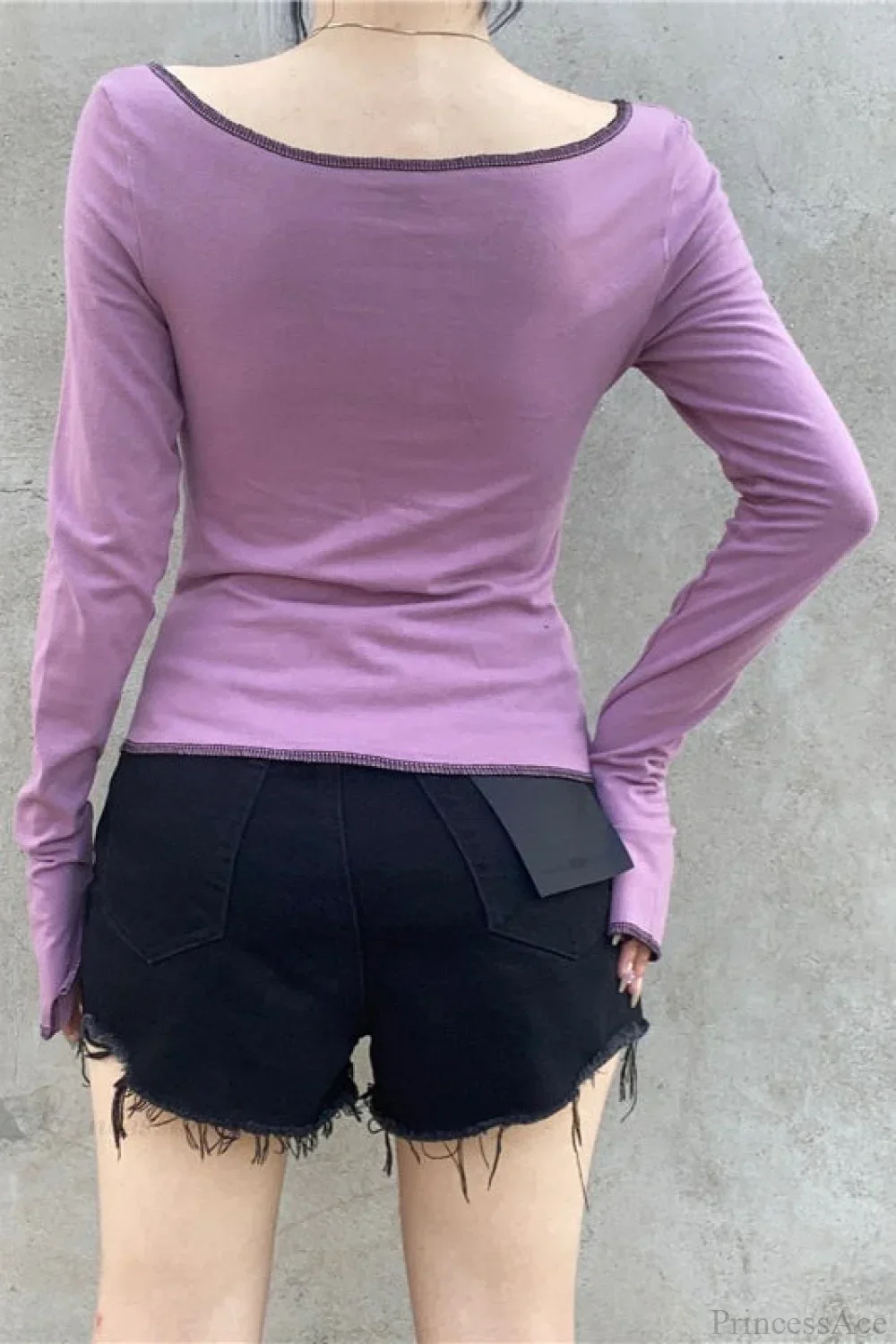 Purple Sexy Color Block Cutout Crew Neck Long Sleeve Tee - Image 5