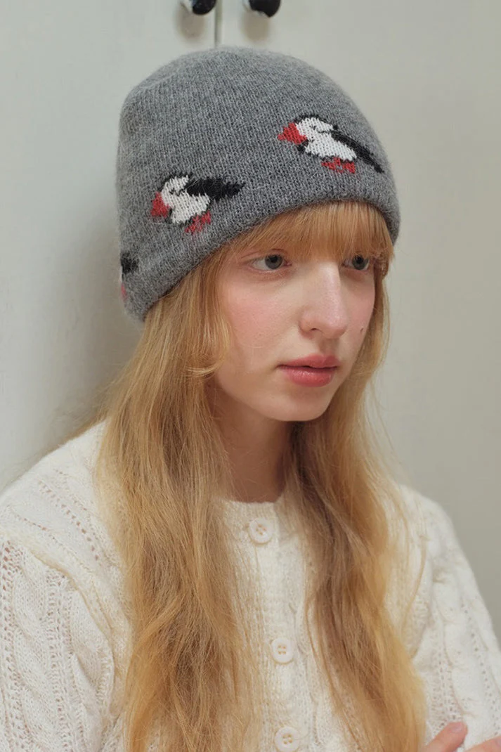 Rabbit Hair Blend Bird Pattern Color Block Knitted Hat - Image 2