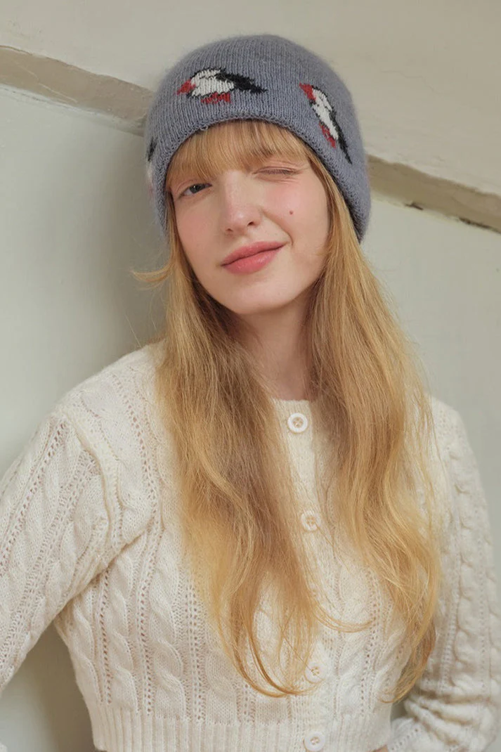Rabbit Hair Blend Bird Pattern Color Block Knitted Hat - Image 3