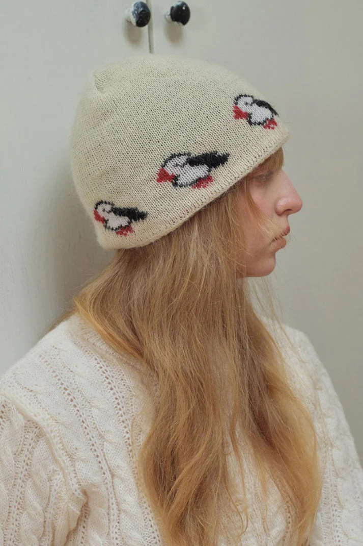 Rabbit Hair Blend Bird Pattern Color Block Knitted Hat - Image 5