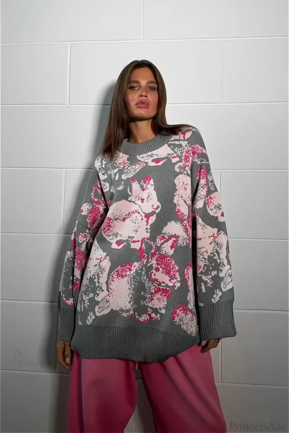Rabbit Pattern Loose Lazy Colorblock Sweater - Image 3