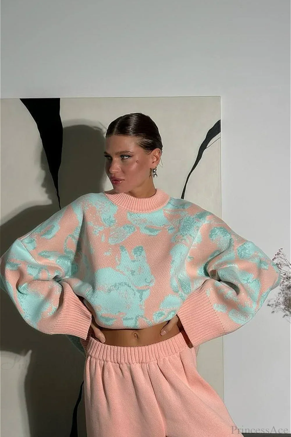 Rabbit Pattern Loose Lazy Colorblock Sweater - Image 6
