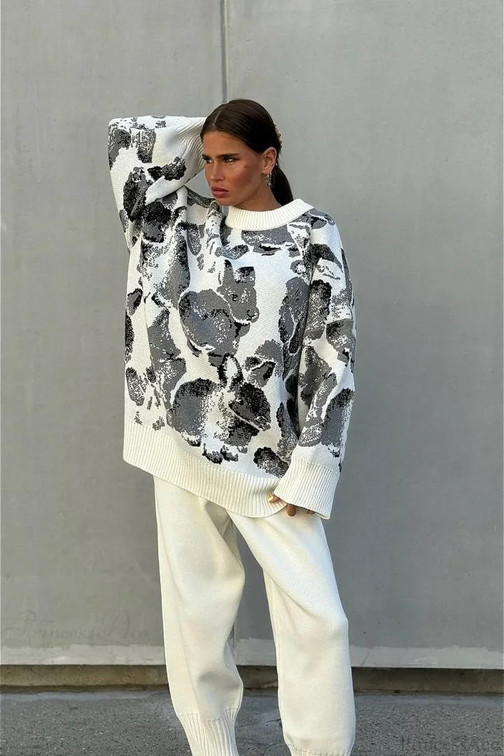 Rabbit Pattern Loose Lazy Colorblock Sweater - Image 8