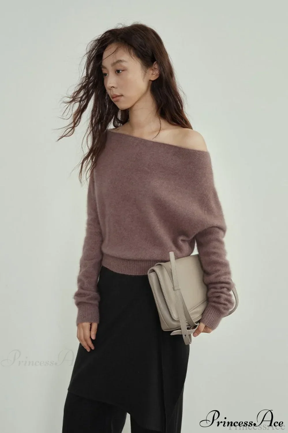 Raccoon Fur Off-Shoulder Cropped Slouchy Knit Top - Image 2