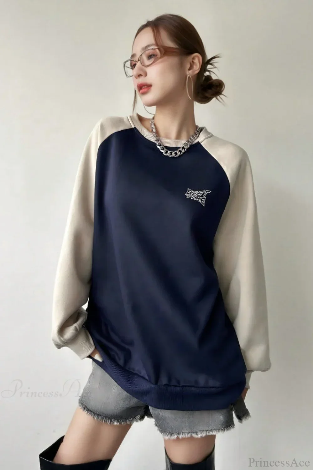 Raglan Sleeve Color Block Crew Neck Relaxed Sweatshirts - Image 2