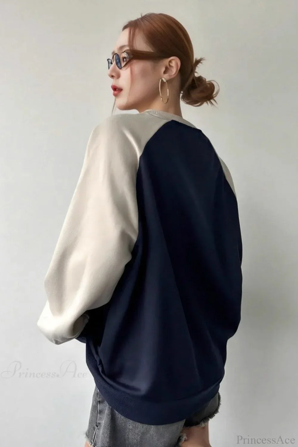 Raglan Sleeve Color Block Crew Neck Relaxed Sweatshirts - Image 3