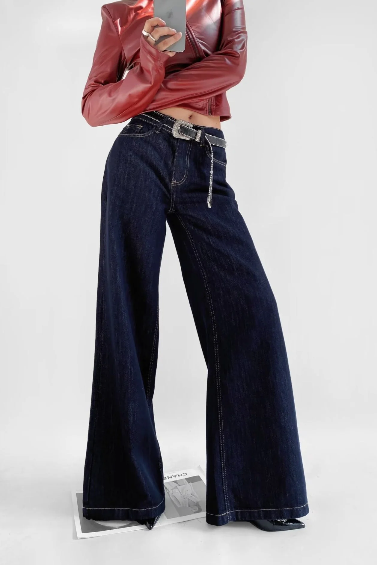 Raw Denim High Waist Loose Straight Floor Jeans - Image 2