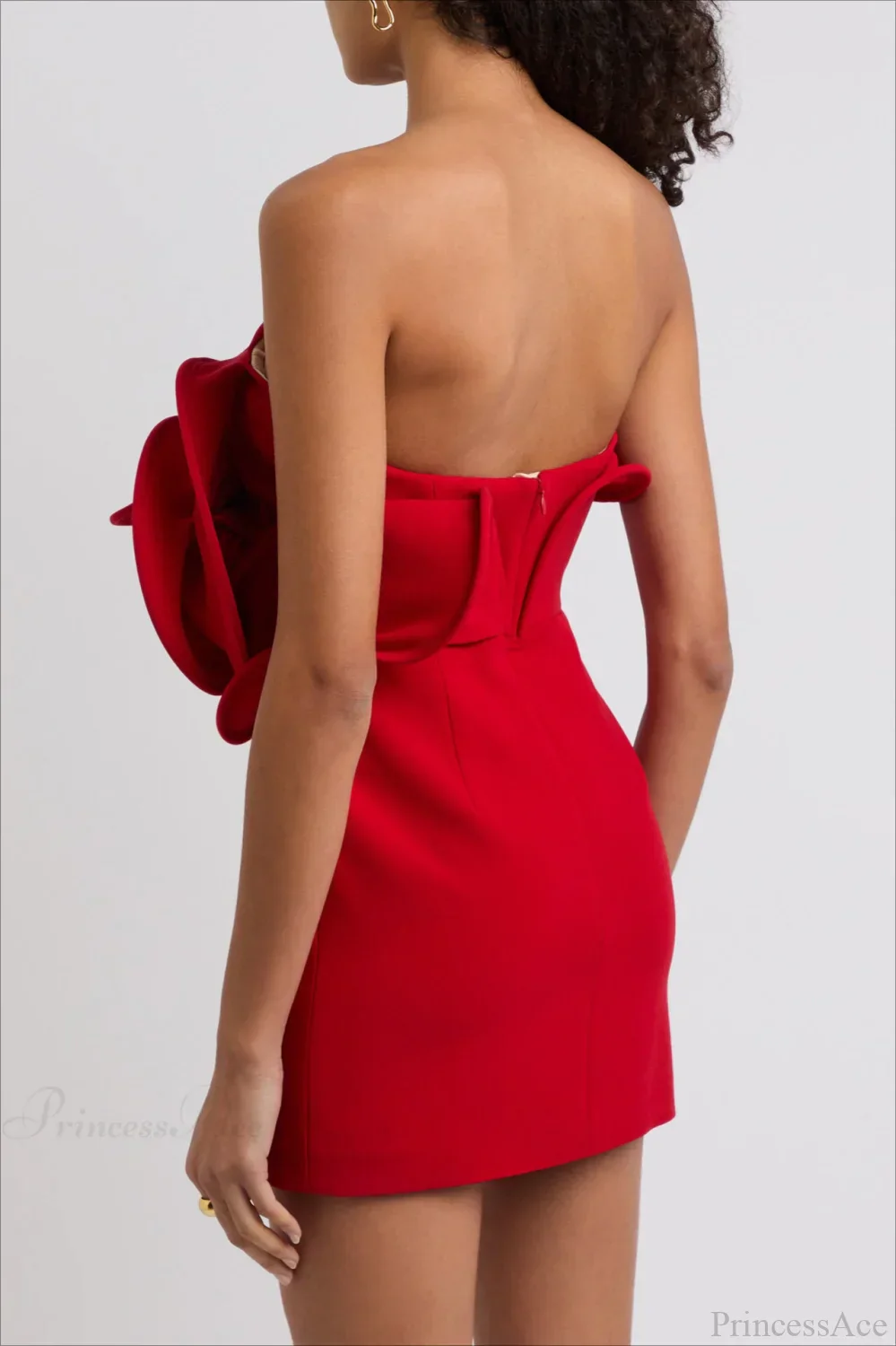 Red 3D Floral Strapless Fitted Party Dress - Image 5