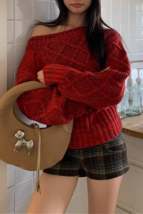 Red Asymmetric Off-Shoulder Thick Cable Waist-Cinched Sweater - Image 3