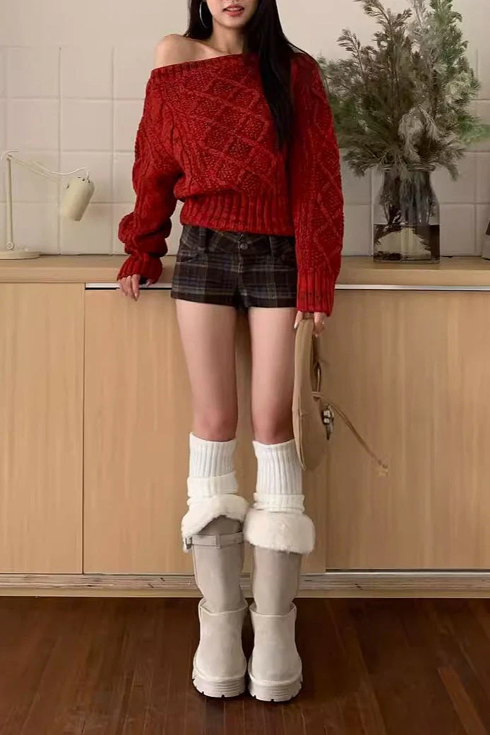 Red Asymmetric Off-Shoulder Thick Cable Waist-Cinched Sweater - Image 4