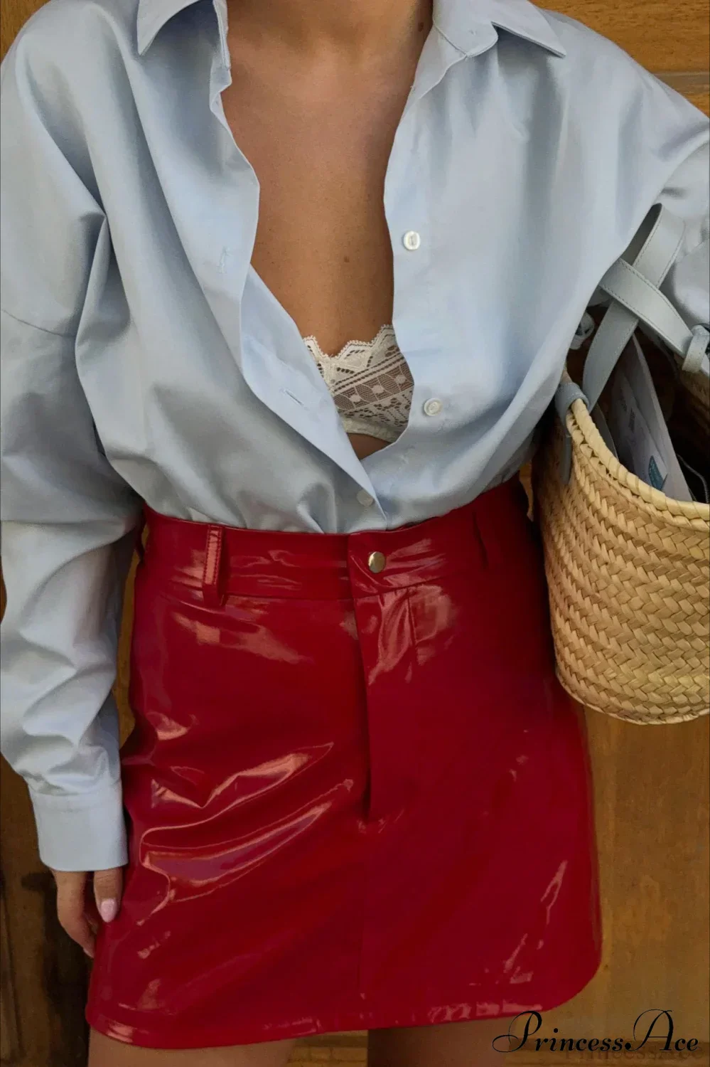 Red Faux Leather Mini Pencil Skirt - Image 5