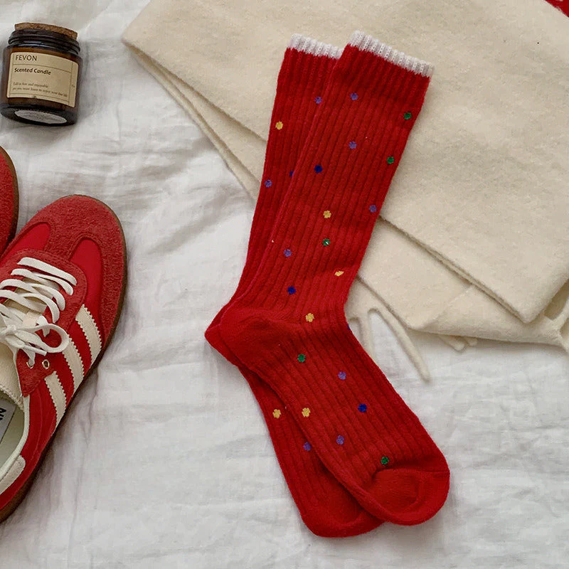 Red Polka Dot Snowflake Fluffy Slouch Socks - Image 3