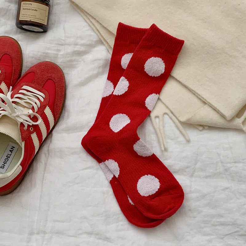 Red Polka Dot Snowflake Fluffy Slouch Socks - Image 4