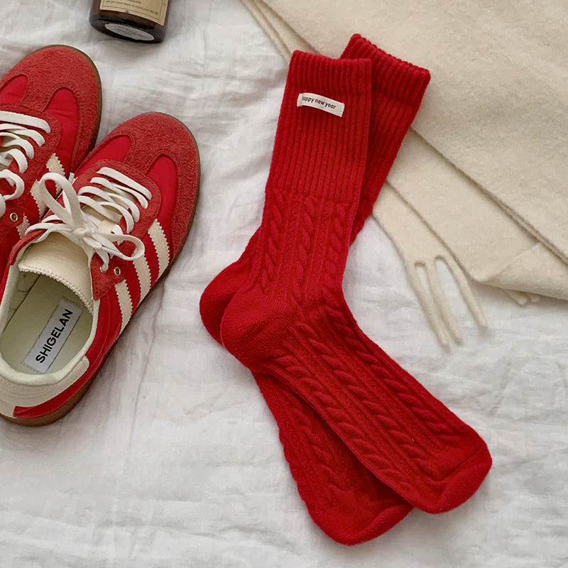 Red Polka Dot Snowflake Fluffy Slouch Socks - Image 5