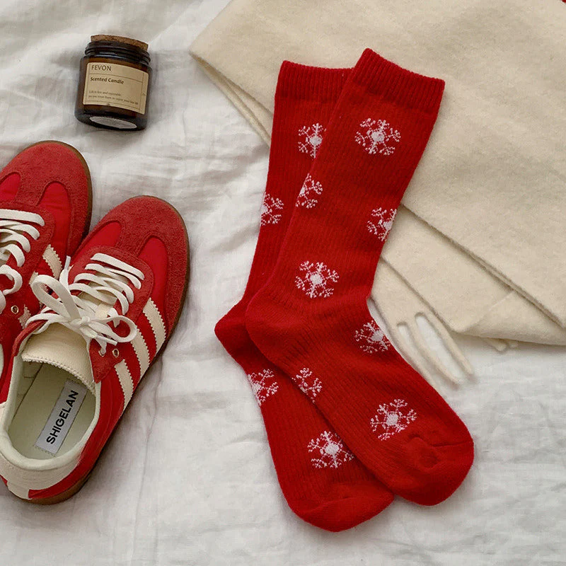 Red Polka Dot Snowflake Fluffy Slouch Socks - Image 7