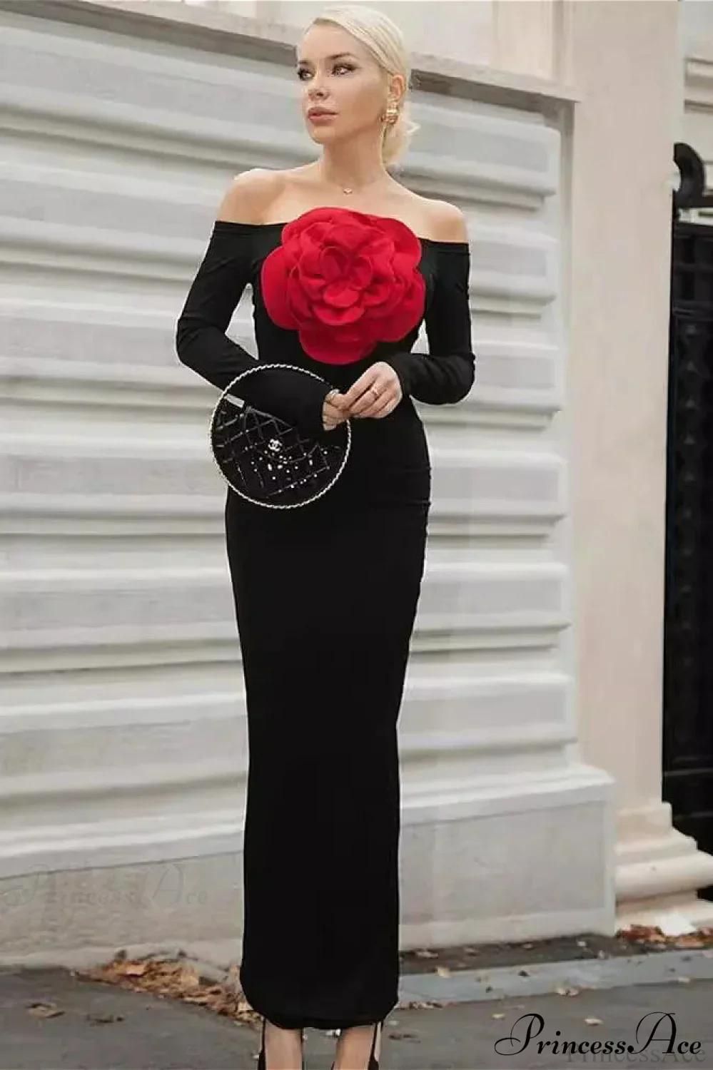Red Floral Bandage Off Shoulder Long Sleeve Party Dress - Image 2