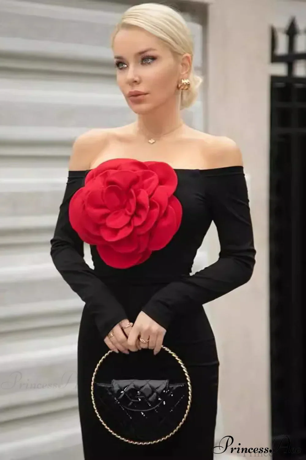 Red Floral Bandage Off Shoulder Long Sleeve Party Dress - Image 3