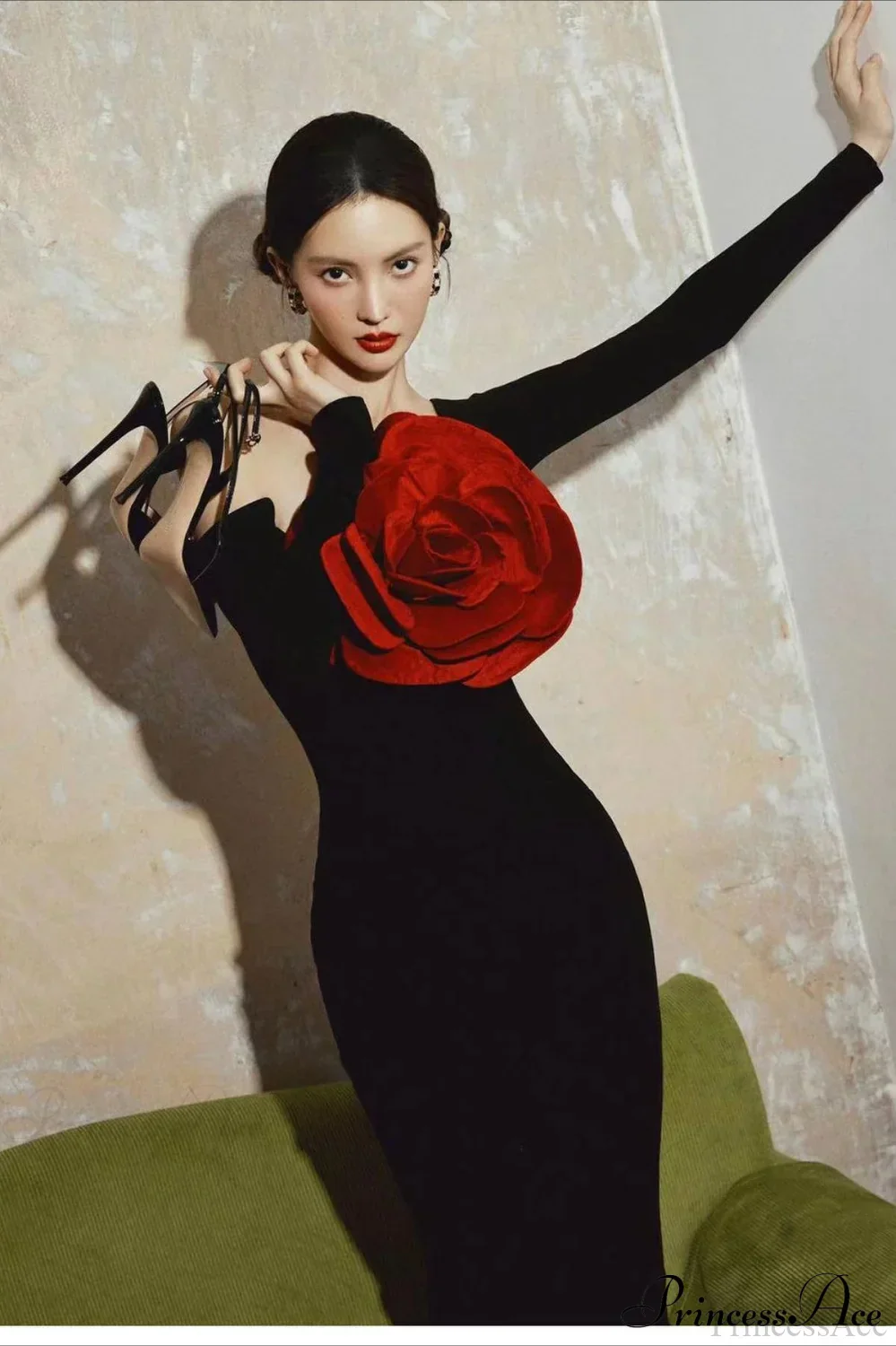 Red Floral Bandage Off Shoulder Long Sleeve Party Dress - Image 4