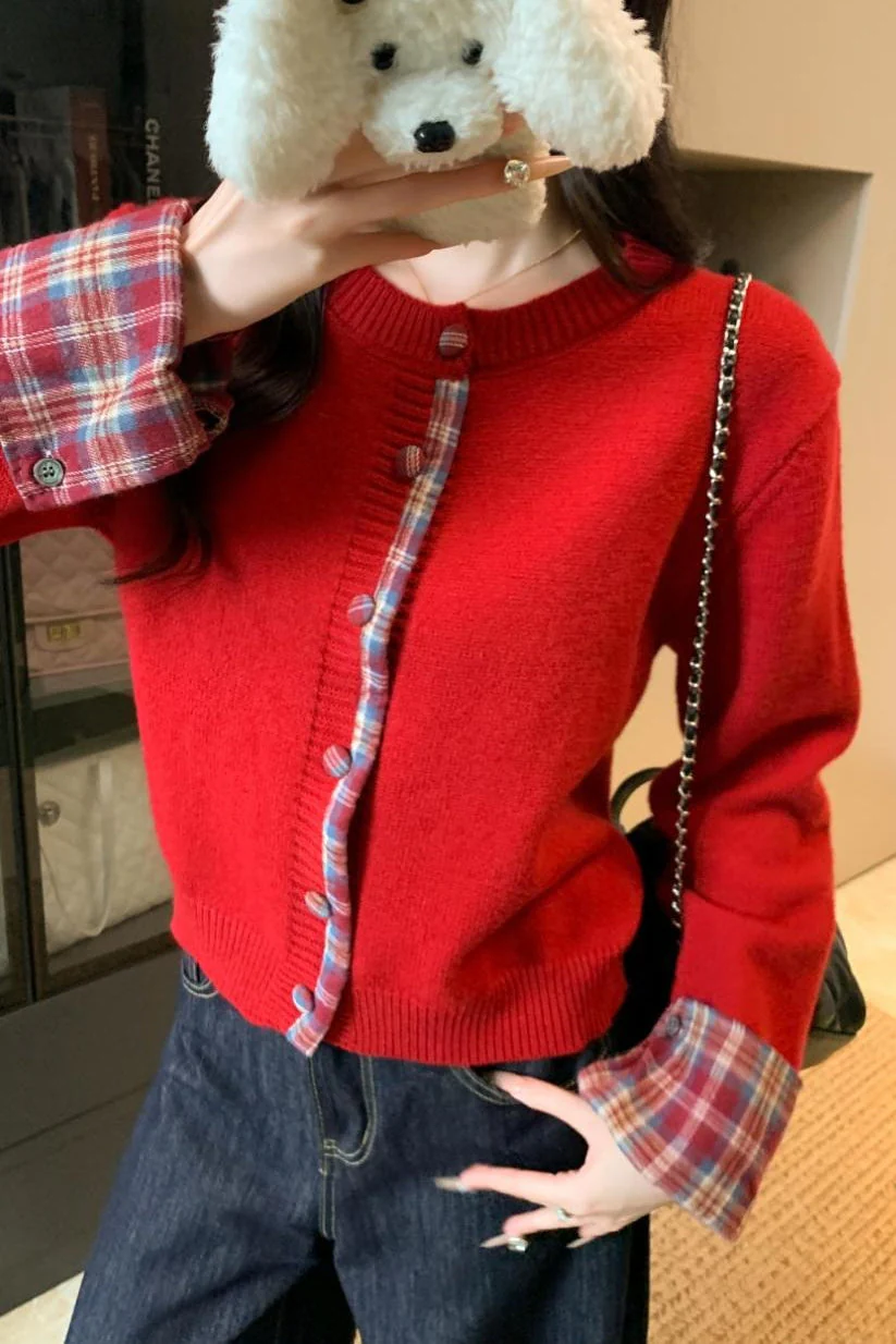 Red Plaid Contrast Round Neck Cardigan - Image 2