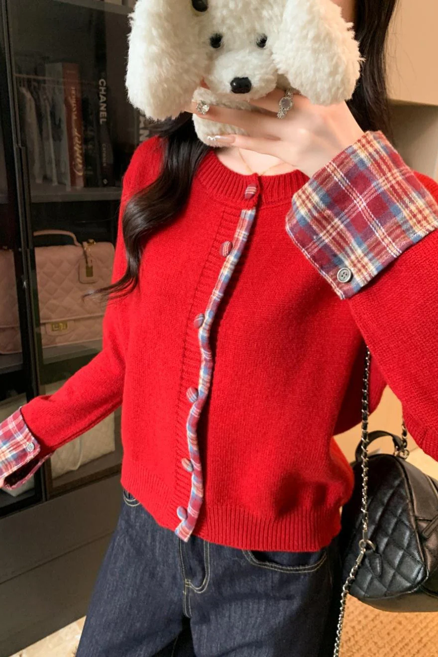 Red Plaid Contrast Round Neck Cardigan - Image 3