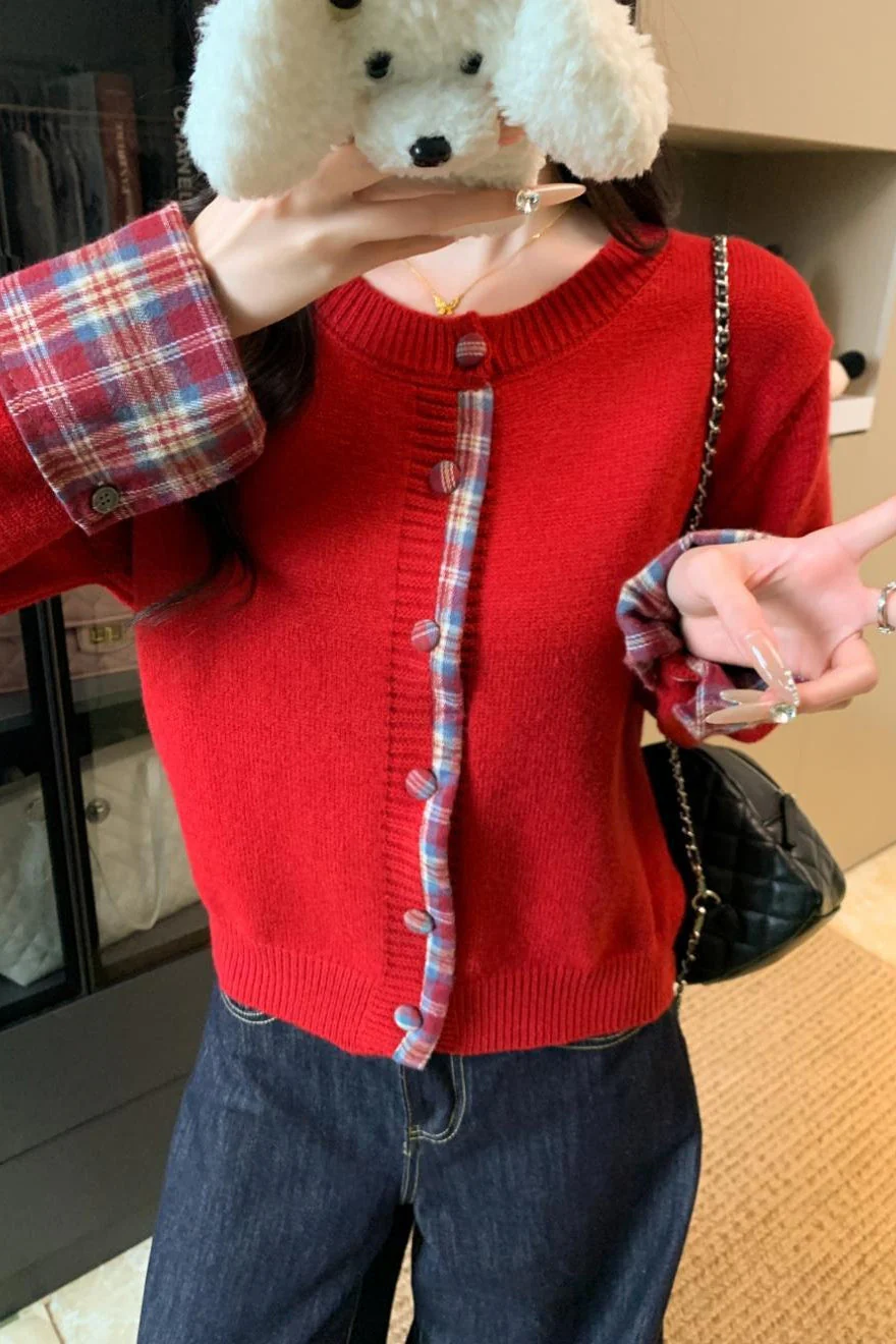 Red Plaid Contrast Round Neck Cardigan - Image 4