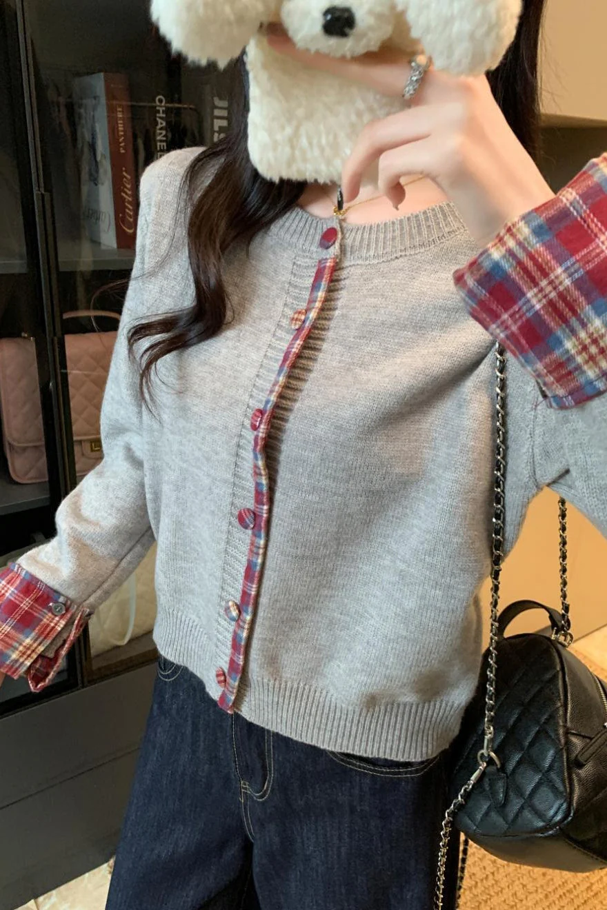 Red Plaid Contrast Round Neck Cardigan - Image 7