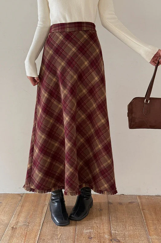 Red Plaid Wool Bodycon Skirt - Image 3
