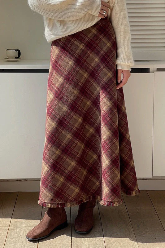 Red Plaid Wool Bodycon Skirt - Image 4