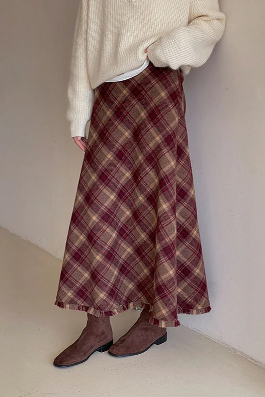 Red Plaid Wool Bodycon Skirt - Image 5