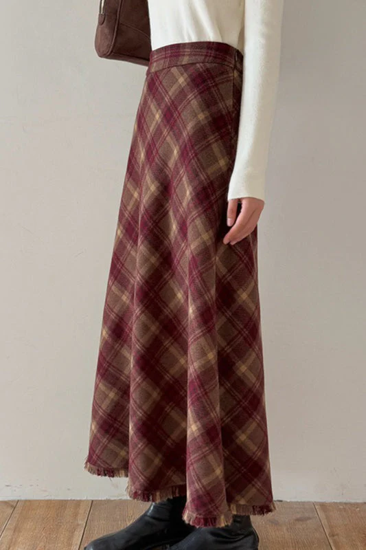 Red Plaid Wool Bodycon Skirt - Image 7
