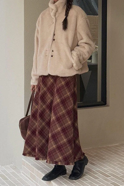 Red Plaid Wool Bodycon Skirt - Image 8