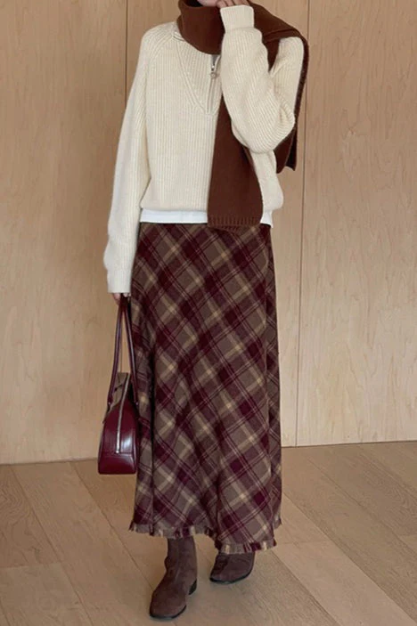 Red Plaid Wool Bodycon Skirt - Image 9